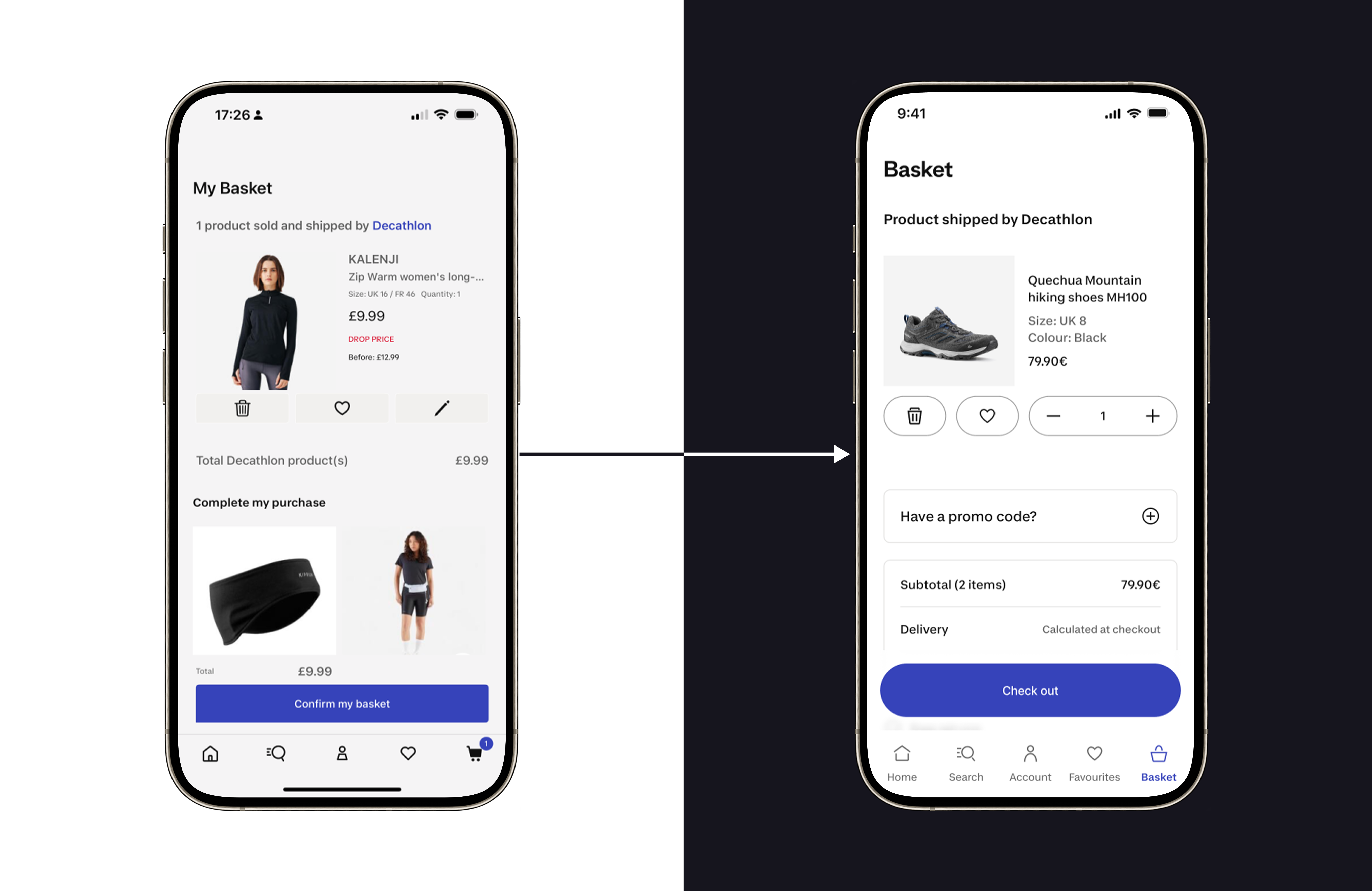 Before and After preview of cart page