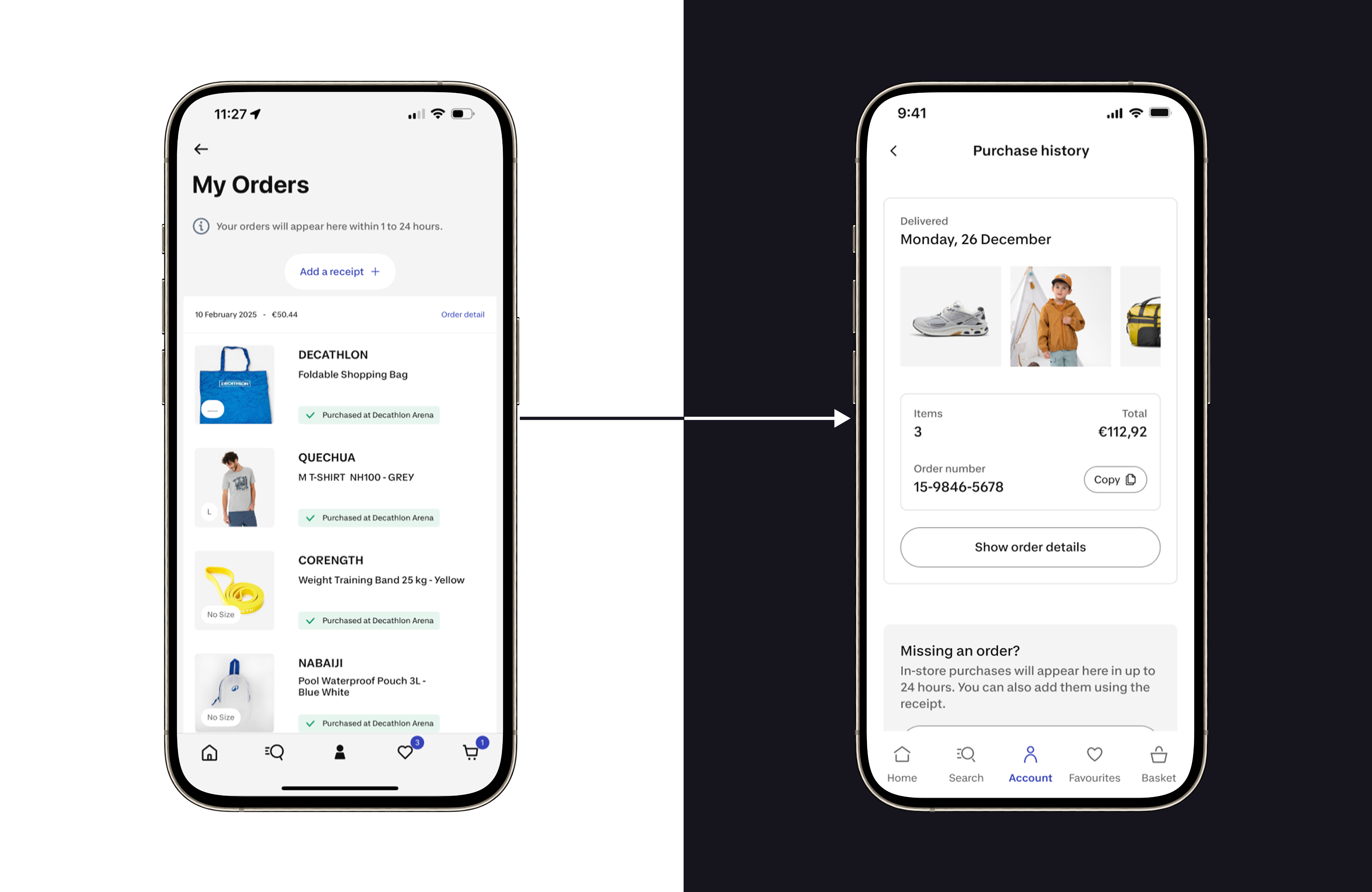 Before and After preview of Purchase history